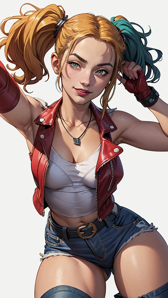 (cartoon style:1.2), Drawings of (harley quinn), he used to smile, perfect green eyes, face detailed, White background, fun pose, seducing gaze,Full body wearing the harley quinn uniform, beautiful medium breasts and wonderful body cartoon style digital illustration. Wearing panties margot robbie , , white bra, green vest, sleeveless, へそ, blue jeans, Brown boots, gloves fingerless, short gloves, slightly-smile, , wavy hair, parted bangs, dyed pink and blue pigtails,blue colored eyes,, old american west, sunny desert background, waist belt, best qualityer, Artwork margot robbie close-up of a woman with a necklace around her neck, attractive female face!!!, very beautiful face, very attractive and beautiful, Natalie Dormer, Sydney Sweeney, like Corinne, amber ear, holywood actress, Dakota Fanning, with very thin lips, taken at the beginning of 2020, face perfect ), most beautiful woman in the worlda woman in a red leather jacket and jeans posing for a photo, artegerm extremamente detalhado, gama murata and artegerm, artegerm style, Krenz Cushart e Artegerm, seductive anime girl, artegerm trend, model iG | artegerm, by Yoshihiko Wada, in the artegerm style, artegerm style