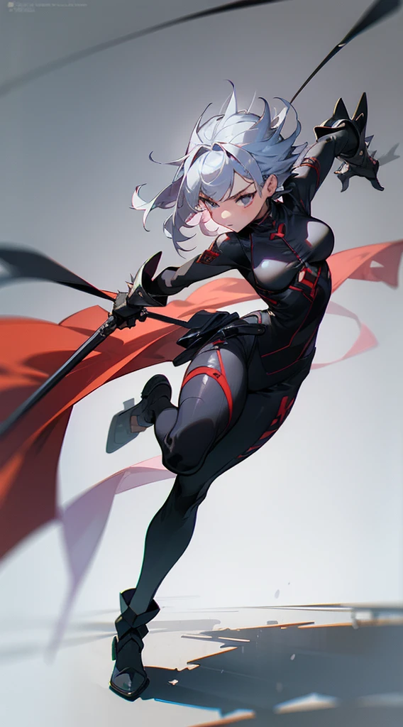 (((masterpiece, best quality, high detailed, 16k))) (1girl) A cunning assassin with short, spiky silver hair and cold, calculating grey eyes. She wears a tight, black leather outfit with red accents that allow her to blend into the shadows. Her weapons of choice are a pair of curved daggers, one in each hand, and her movements are quick and precise. ((full body view))
