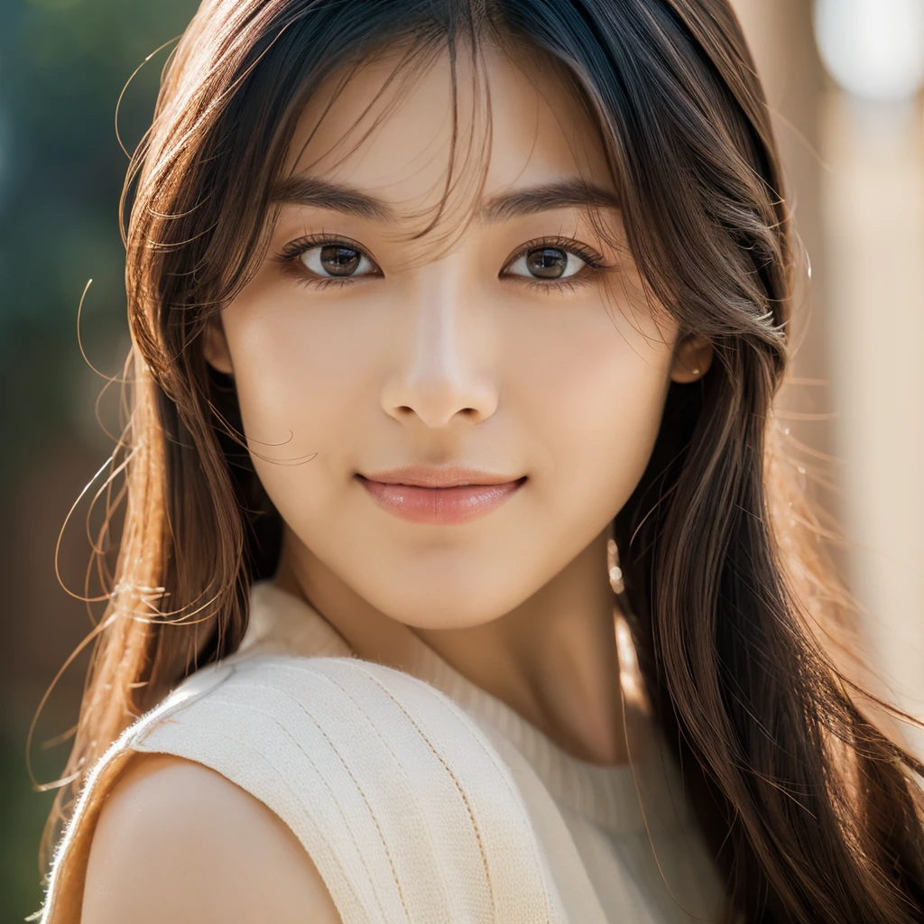 A stunningly beautiful Japanese model and actress in her early 20s, captured in a close-up 4K image that highlights her exquisite features. Her skin is flawless and lifelike, with a soft, smooth texture and a natural, warm undertone. She has straight, silky black hair framing her face, and her large, almond-shaped eyes are a deep, captivating brown, with long lashes that add to her allure. Her high cheekbones, perfectly proportioned nose, and naturally full lips create a harmonious and striking visage. The lighting is soft and natural, enhancing the realism of her skin and the subtle details of her expression. Her gaze is direct and intense, with a hint of a mysterious smile that exudes both elegance and confidence. This 4K image captures the essence of an absolute beauty, with every detail rendered in stunning clarity.