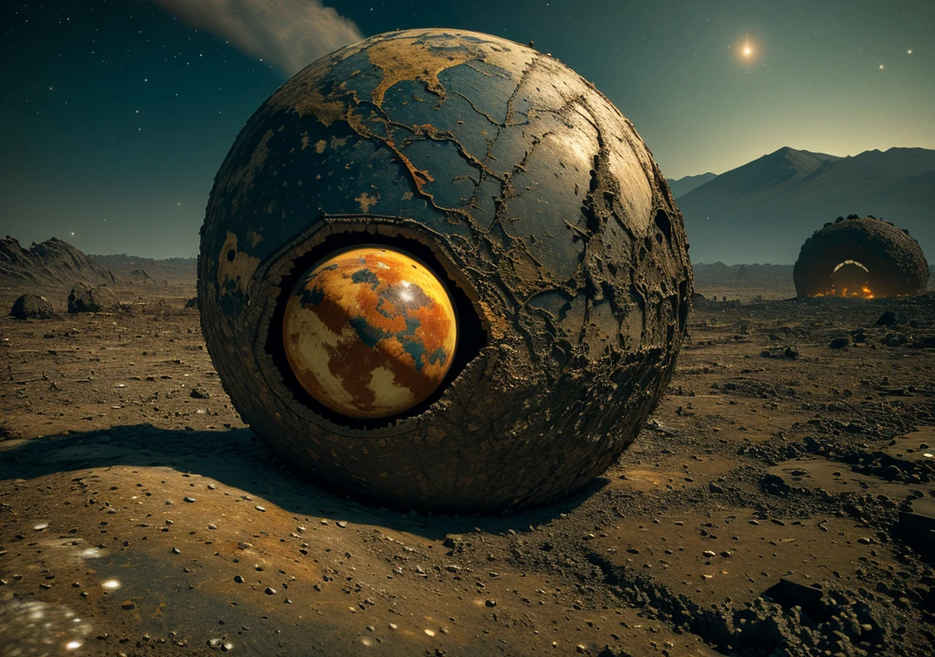 A haunting image of Earth after a catastrophic event, showing the planet in ruins. The once-vibrant blue and green globe is now a dark, desolate sphere, with massive cracks running across its surface, exposing molten lava and fiery core beneath. The atmosphere is thick with smoke and dust, with only faint remnants of clouds swirling around the devastated planet. Large chunks of landmass and debris float in space, some still glowing from the destruction. The oceans are drained or boiling, leaving behind scorched and barren seabeds. Surrounding space is eerily quiet, with distant stars shining dimly, highlighting the stark contrast between the desolation of the planet and the cold emptiness of the universe