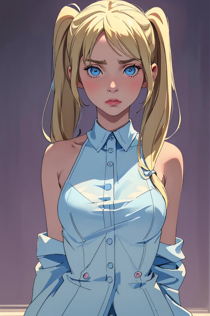 (Cinematic Photo: 1.3) off (Real: 1.3), (comfortable: 1.3) beautiful young girl, (pigtails blonde hair, sslim shoulders, realisti texture, looks directly into the camera, (looks at the viewer), dramatic, dreamy,, thin, sslim, soft, difficult, digital drawing,,sslim , beautiful teenage girl, perfect body, highly detailed full-length shot, dreamy,1girl, Simple background, Large breasts, Shy, innocent Breasts, Blue eyes, Wide Eyes,, innocent niave curiousLong Hair, Blonde Hair, 