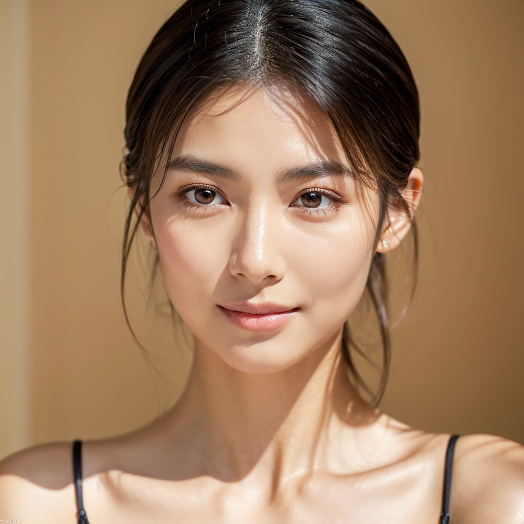 An extraordinarily beautiful Japanese model and actress in her early 20s, captured in an ultra-detailed close-up 4K image that showcases her exquisite facial features with unparalleled clarity. Her skin is flawlessly realistic, with a smooth, even complexion and a warm beige undertone that radiates a subtle, natural glow. The texture of her skin is incredibly lifelike, revealing delicate pores and a slight dewy finish that reflects light softly, adding to the realism. Her cheeks have a soft, supple appearance, with just a hint of natural blush that enhances her youthful glow. The fine texture of her skin, including the gentle contours and subtle variations in tone, is captured in stunning detail. Her straight, glossy black hair frames her face perfectly, each strand meticulously rendered. Her large, almond-shaped eyes are a deep, rich brown, with finely detailed irises and long, naturally curled lashes that cast soft shadows on her upper cheeks. The high-definition image captures the subtle sheen of her slightly parted, naturally full lips, highlighting their soft, smooth texture. The lighting is expertly balanced, with soft, diffused natural light that casts gentle, realistic shadows, emphasizing the contours of her face and the fine texture of her skin. Her expression is one of calm confidence, her gaze direct and captivating, with a slight, enigmatic smile that adds an air of elegance and allure. Every aspect of her appearance, from the realistic texture of her skin to the soft highlights in her eyes, is rendered with exceptional precision, creating an image of absolute beauty.