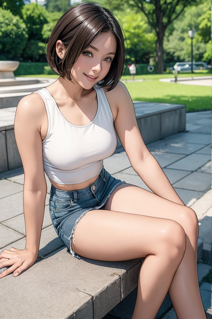 High resolution, beautiful woman, beautiful face, symmetrical eyes, smiling face, model-like proportions, short bob cut hair, tight fitting tiny tank top, denim micro mini skirt, white panties, sneakers, sports watch, sitting on a bench with legs apart, daytime park, fountain, blurred background, emphasized outline of person,