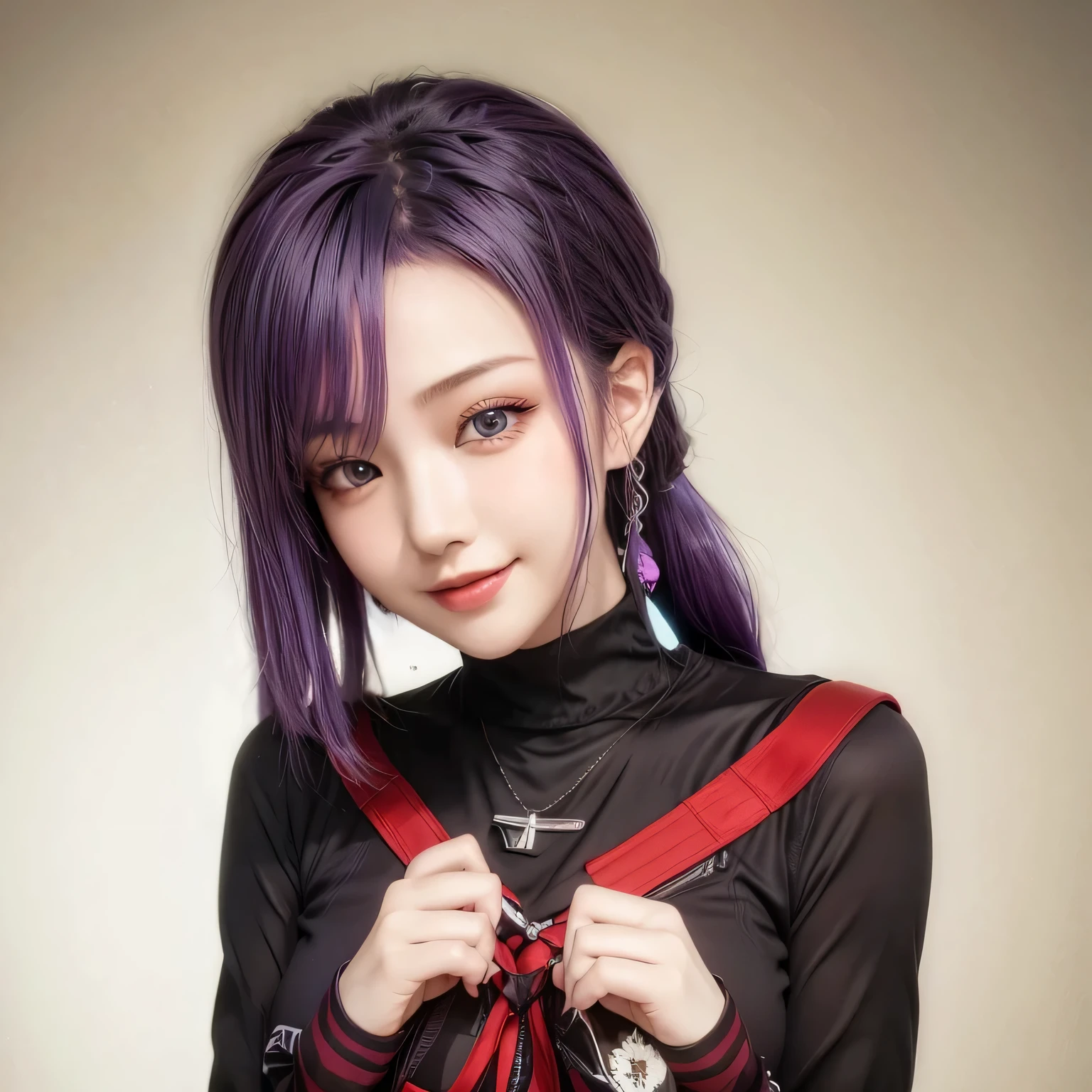 Purple hair, masterpiece, best quality, CG, wallpaper, HDR, high quality, high-definition, extremely detailed, smile, cute girl, ultra realistic, realistic eyes, ultra detail, 70 mm lens