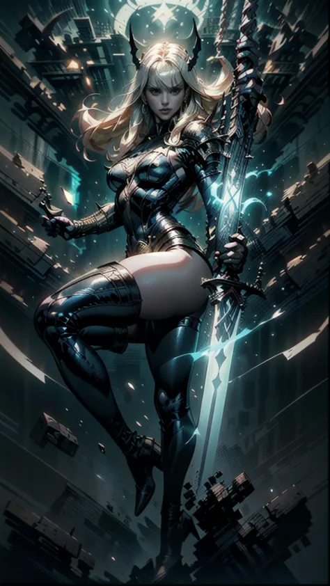 a full body portrait of magik of x-men, illyana rasputin, with long white hair, piercing blue eyes, wearing a low cut unitard wi...