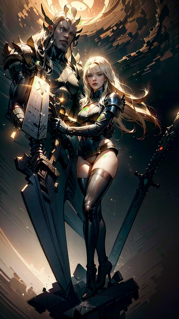 A full body portrait of Magik of X-men, Illyana Rasputin, with long white hair, piercing blue eyes, wearing a low cut unitard with high cut legs, tight thigh high boots, holding a glowing magical sword in a side view, making a huge overhead swing of the sword, in a mystical realm with swirling energy, best quality, 8k, highres, masterpiece, ultra-detailed, concept art, dark fantasy, digital painting, dramatic lighting, cinematic, intricate details, ethereal, otherworldly atmosphere