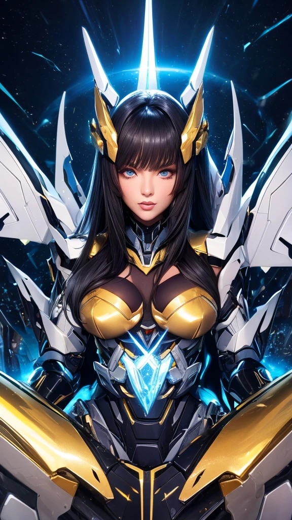 (((((bust)))))), face close-up, black mecha, 1girl, (a beautiful latina woman), glowing eyes, golden light energy sword, galaxy, bare shoulders, mechanical exquisite, details, mecha wings, elegant, black mecha, (stockings), black armor, gold pattern, mechanical exquisite, details, black, black mecha wings, golden light effects, elegant, angular, angular, huge, windy, hazy, mecha eyes emit golden light, (((black mecha))), glowing light, holding a delicate light energy sword, sky, mechanical delicate, detail, huge mecha wings, elegant, best quality, official art, extremely detailed CG Unity 8k wallpaper, bright golden light, golden light particles, gold particular, (perfect), bold lines, highest quality, masterpiece, fine, long eyelashes, extremely detailed background description, black off-the-shoulder skirt, mottled, broken, (character close-up), (simple and picky), displaning correctly, Accurate, correct hand drawing, right fingers, sci-fi sense, futuristic wind, cyberpunk, urban, city, night