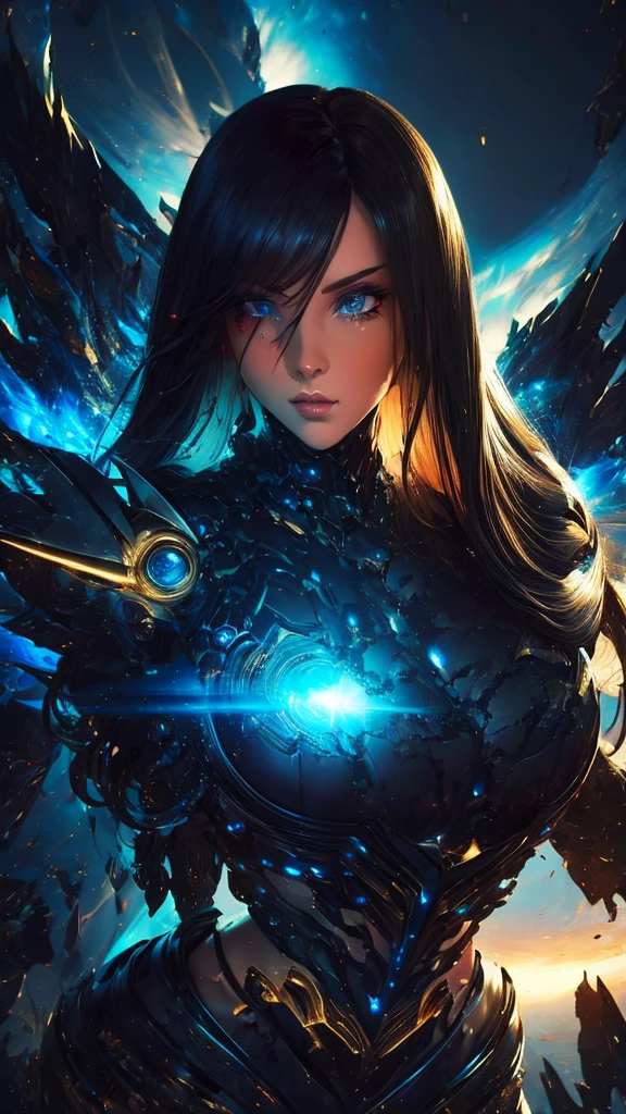 (((((bust)))))), face close-up, black mecha, 1girl, (a beautiful latina woman), glowing eyes, golden light energy sword, galaxy, bare shoulders, mechanical exquisite, details, mecha wings, elegant, black mecha, (stockings), black armor, gold pattern, mechanical exquisite, details, black, black mecha wings, golden light effects, elegant, angular, angular, huge, windy, hazy, mecha eyes emit golden light, (((black mecha))), glowing light, holding a delicate light energy sword, sky, mechanical delicate, detail, huge mecha wings, elegant, best quality, official art, extremely detailed CG Unity 8k wallpaper, bright golden light, golden light particles, gold particular, (perfect), bold lines, highest quality, masterpiece, fine, long eyelashes, extremely detailed background description, black off-the-shoulder skirt, mottled, broken, (character close-up), (simple and picky), displaning correctly, Accurate, correct hand drawing, right fingers, sci-fi sense, futuristic wind, cyberpunk, urban, city, night