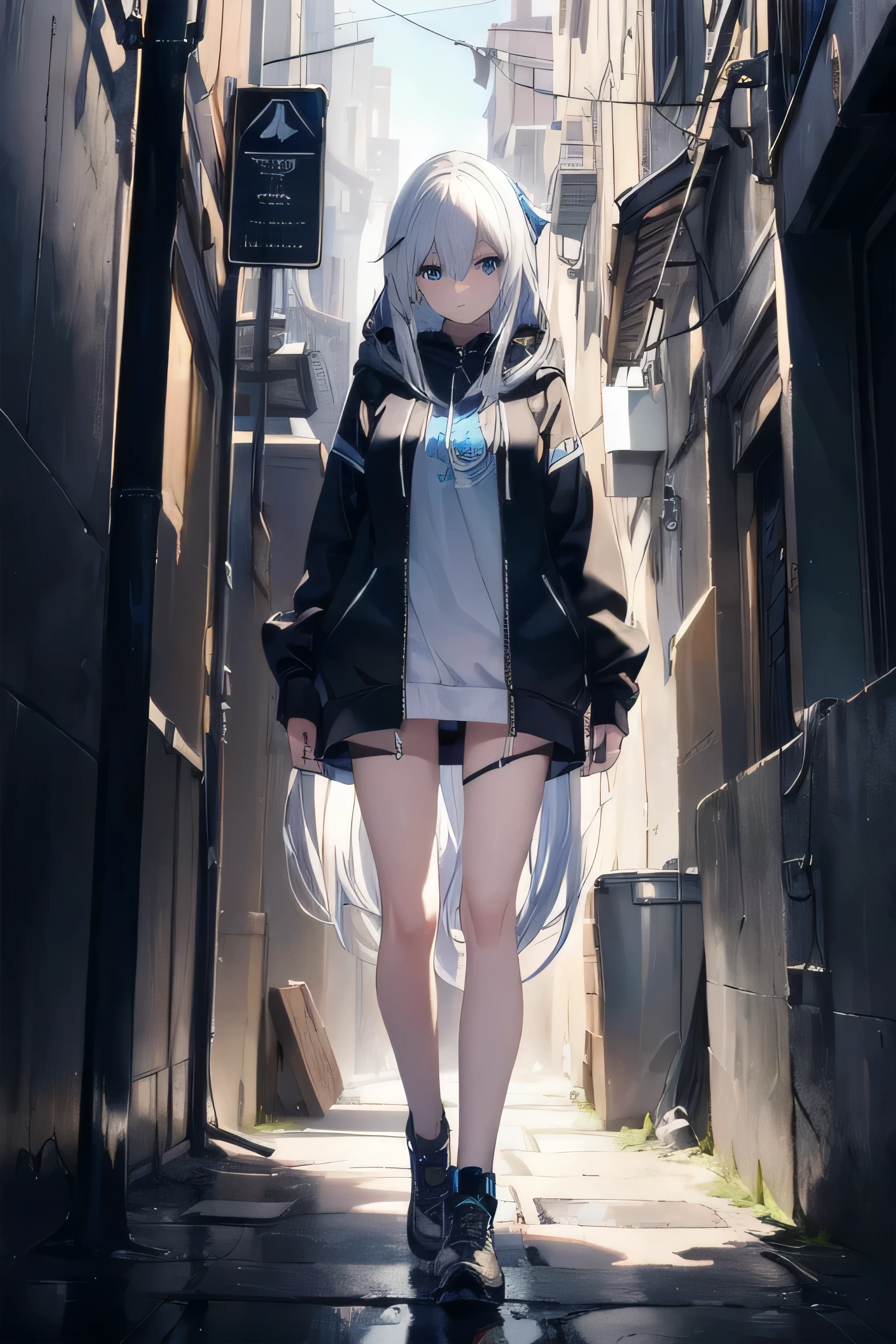 ((masterpiece)), ((best quality)), ((best illustration)), ((ultra-detailed)),((photorealistic color)), 1 teenager lady is walking through narrow alley in shadow, she has absurdly long and white straight hair and blue eyes, she wears dark hoodie with no patterns, and she has a blade its length is as similar as her height. she looks a little bit lonely.