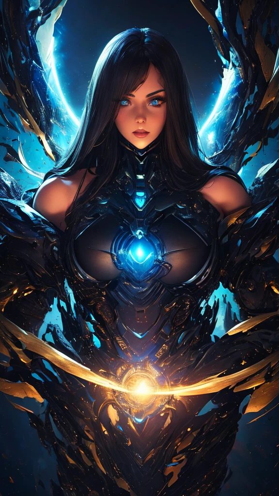 (((((bust)))))), face close-up, black mecha, 1girl, (a beautiful Latina-Filipina maiden), glowing eyes, golden light energy sword, galaxy, bare shoulders, mechanical exquisite, details, mecha wings, elegant, black mecha, (stockings), black armor, gold pattern, mechanical exquisite, details, black, black mecha wings, golden light effects, elegant, angular, angular, huge, windy, hazy, mecha eyes emit golden light, (((black mecha))), glowing light, holding a delicate light energy sword, sky, mechanical delicate, detail, huge mecha wings, elegant, best quality, official art, extremely detailed CG Unity 8k wallpaper, bright golden light, golden light particles, gold particular, (perfect), bold lines, highest quality, masterpiece, fine, long eyelashes, extremely detailed background description, black off-the-shoulder skirt, mottled, broken, (character close-up), (simple and picky), displaning correctly, Accurate, correct hand drawing, right fingers, sci-fi sense, futuristic wind, cyberpunk, urban, city, night