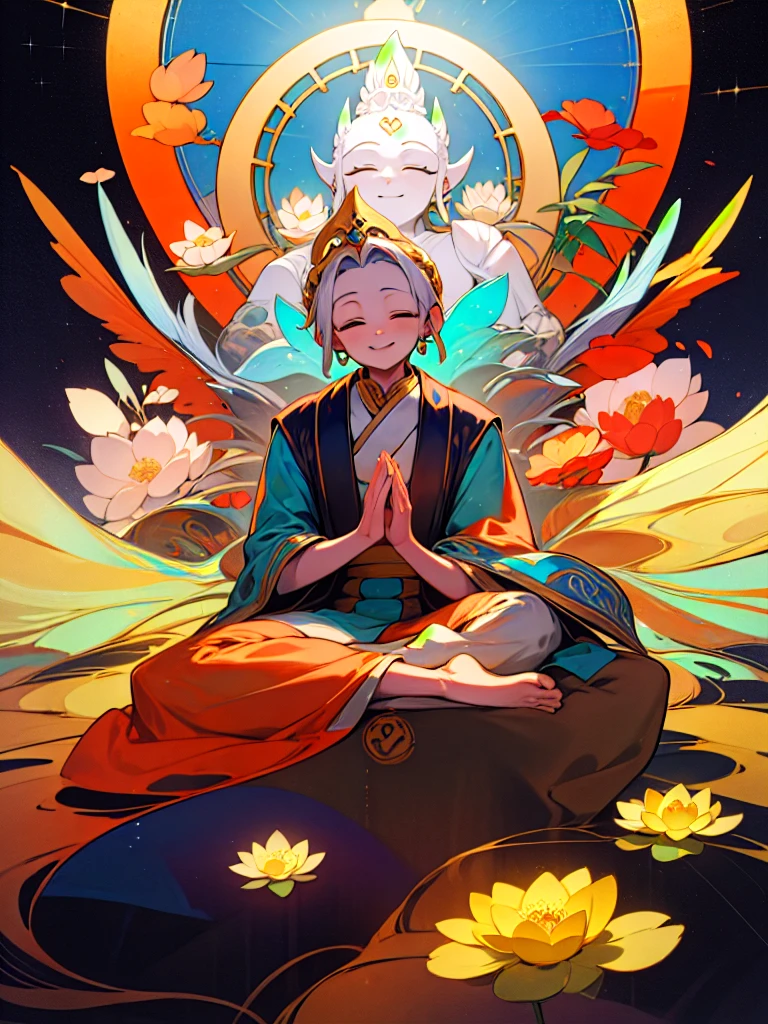 Shakyamuni Buddha、psychedelic 、Paradise、love、mercy、Halo、Smile、Lotus Garden、male