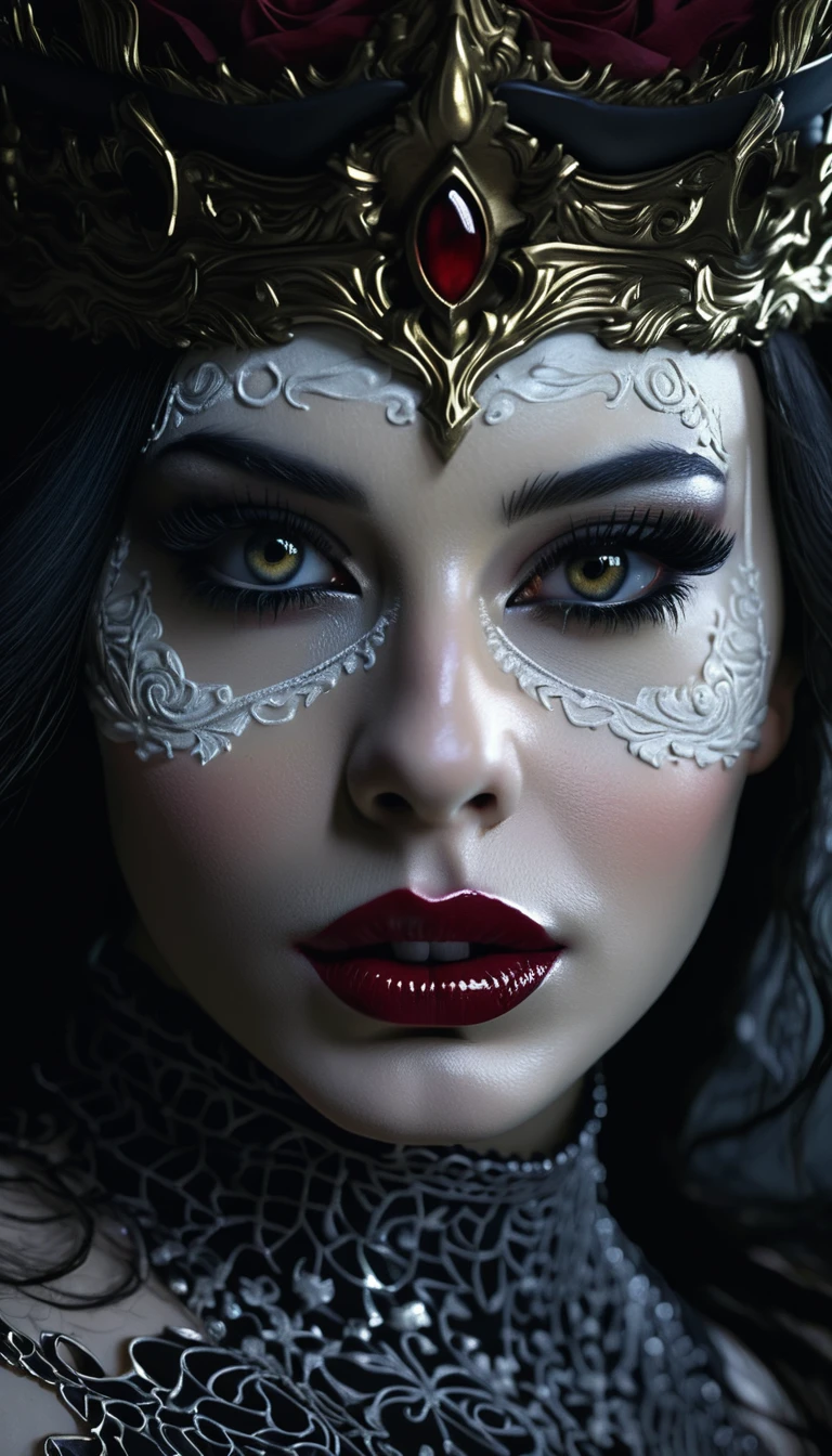 a close up portrait of a demonic face, beautiful detailed eyes, beautiful detailed lips, extremely detailed eyes and face, long eyelashes, sharp cheekbones, porcelain skin, flowing hair, decorative crown, dramatic lighting, dark moody colors, cinematic, dramatic, gothic, cecil beaton style, (best quality,4k,8k,highres,masterpiece:1.2),ultra-detailed,(realistic,photorealistic,photo-realistic:1.37)