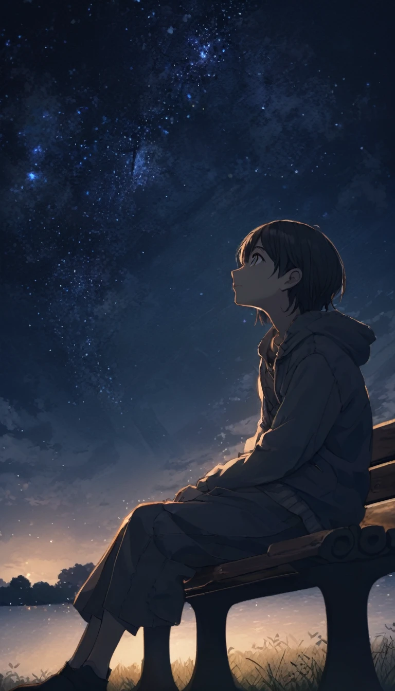 (((Sitting on a bench looking up at the night sky:1.37、Sitting on a bench looking up at the night sky:1.2、Looking at the night sky:1.37、A little dark)))、one person&#39;s、Extremely delicate facial and skin texture、White Summer Knitwear、Black long skirt、Everyday Scenes、Pleasant sunshine、In perfect harmony with nature、relaxation、(((A dignified summer night sky、Full of stars、milky way、一筋のshooting star、shooting star:1.7)))、Young people、15 years old、Highest quality、masterpiece