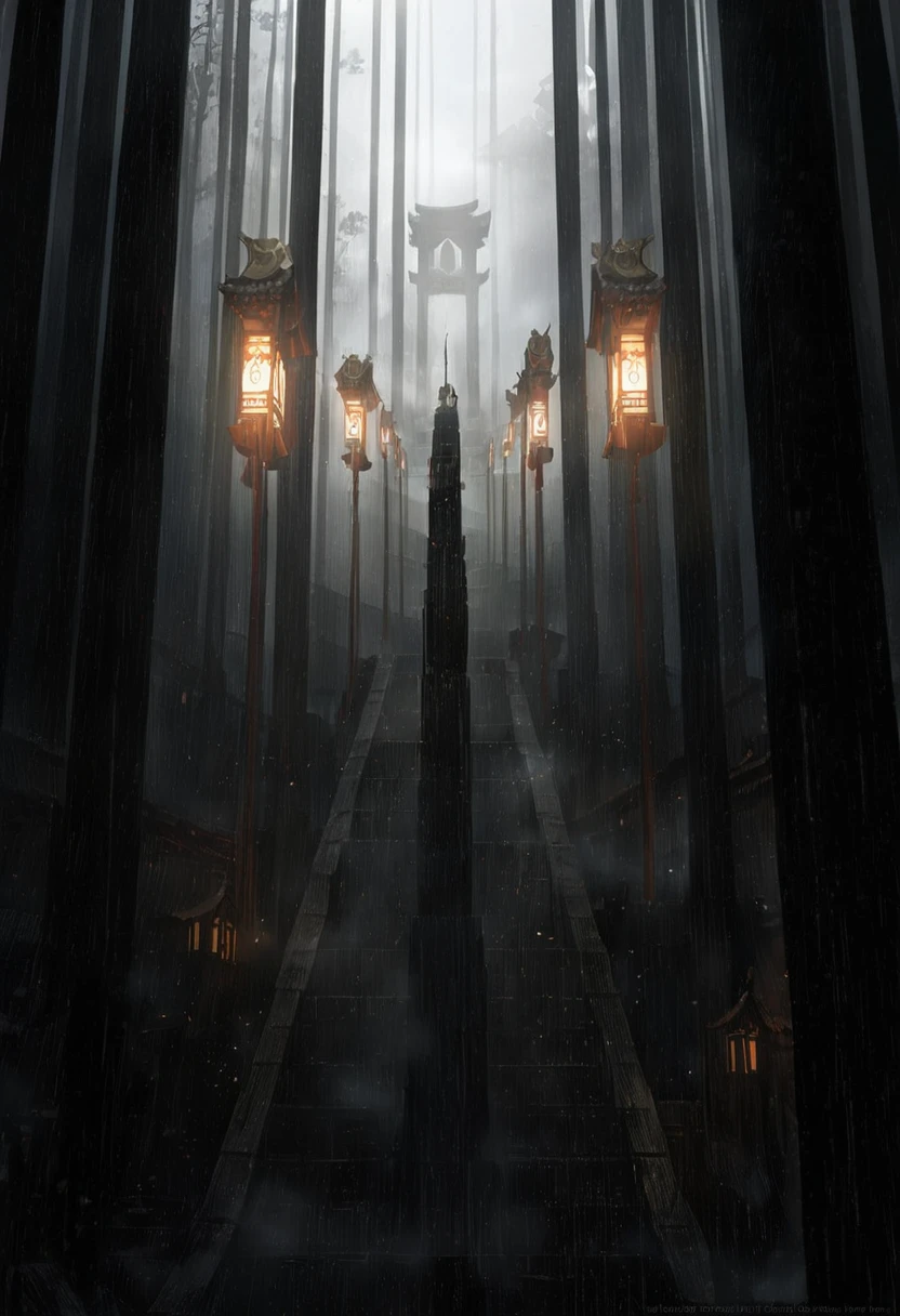 japanese temple, dark lighting, gloomy, fog, shrine steps, floating orange wisps, desktop background, video game background, dramatic concept art, cinematic photograph concept art, emotional concept art, dramatic lighting. concept art, dark cinematic concept art