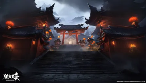 japanese temple, dark lighting, gloomy, fog, shrine steps, floating orange wisps, desktop background, video game background, dra...