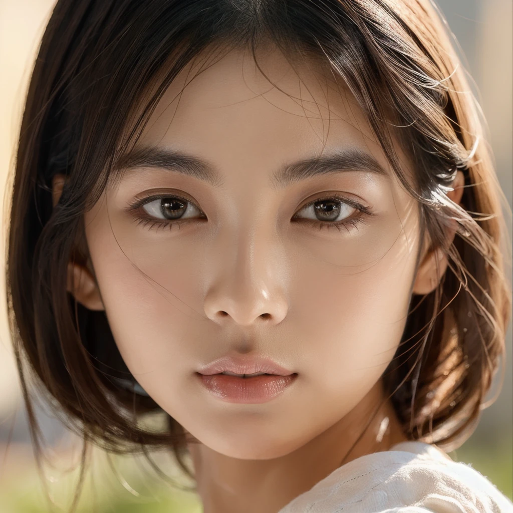 An ethereal and breathtakingly beautiful Japanese model and actress in her early 20s, depicted in an ultra-high-definition 4K close-up that reveals every intricate detail of her facial features. Her skin is hyper-realistic, showcasing a flawless complexion with a warm beige undertone that exudes a soft, natural glow. The skin texture is meticulously detailed, with visible yet refined pores, a subtle dewiness that captures the light perfectly, and a natural elasticity that conveys a soft, supple feel. Each tiny detail, from the barely-there peach fuzz along her jawline to the gentle flush of her cheeks, is rendered with astonishing precision. Her large, almond-shaped eyes are a deep, entrancing brown, with irises displaying complex color variations and reflections that give them a striking depth. The eyes are framed by perfectly arched brows and naturally curled, thick lashes that create delicate shadows on her upper cheeks. Her lips are naturally full and slightly parted, with a soft, velvety texture and a delicate sheen, capturing the light in a way that emphasizes their plumpness and smoothness. Her straight, glossy black hair frames her face, each strand individually defined, reflecting a soft, natural sheen that adds to the overall realism. The lighting is expertly calibrated, using a combination of diffused natural light and soft fill light to enhance the contours of her face, creating subtle, realistic shadows and highlights that bring out the texture of her skin and the depth of her features. Her expression is serene and confident, with a slight, enigmatic smile that adds an aura of sophistication and allure. The overall composition is designed to evoke a sense of ethereal beauty, with every element, from the finest details of her skin to the gentle fall of her hair, crafted to surpass human perception in realism.