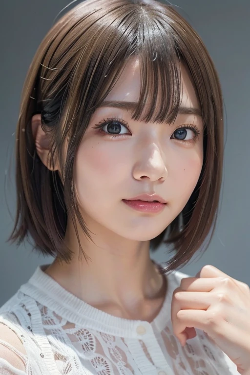 高品質in超リアルなポートレート。彼女は小さく繊細な顔立ちin、I have a slightly round face shape。Her expressive almond eyes gaze kindly and warmly..、私は眉毛が強いinす。肌は無垢in透き通るような白さin、It has a natural shine。(彼女の髪は茶色inピクシーカットinす.:1.3)in、シンプルinエレガントに整えられています。メイクはナチュラルin、Light foundation and subtle blush、Uses a soft pink lip color。ライティングはソフトin自然な光を使用し、Accentuating facial features、Do not emphasize shadows。背景はシンプルinぼかしたグラデーションin、Focus on the face。