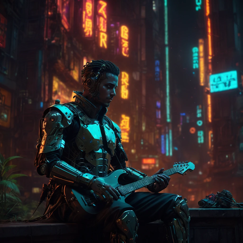 A troubadour with robotic features, whose body is seamlessly merging with nature in a blend of a lost city, set in a cyberpunk-style environment. The troubadour has intricate robotic details, with metallic textures and glowing circuits, while his body integrates with overgrown vegetation and ancient, decaying city structures. The scene is highly detailed, with a mix of technology and organic elements, creating a mysterious atmosphere where the robotic troubadour becomes one with the lost, forgotten world around him, all within the neon-lit, dystopian aesthetic of a cyberpunk landscape.