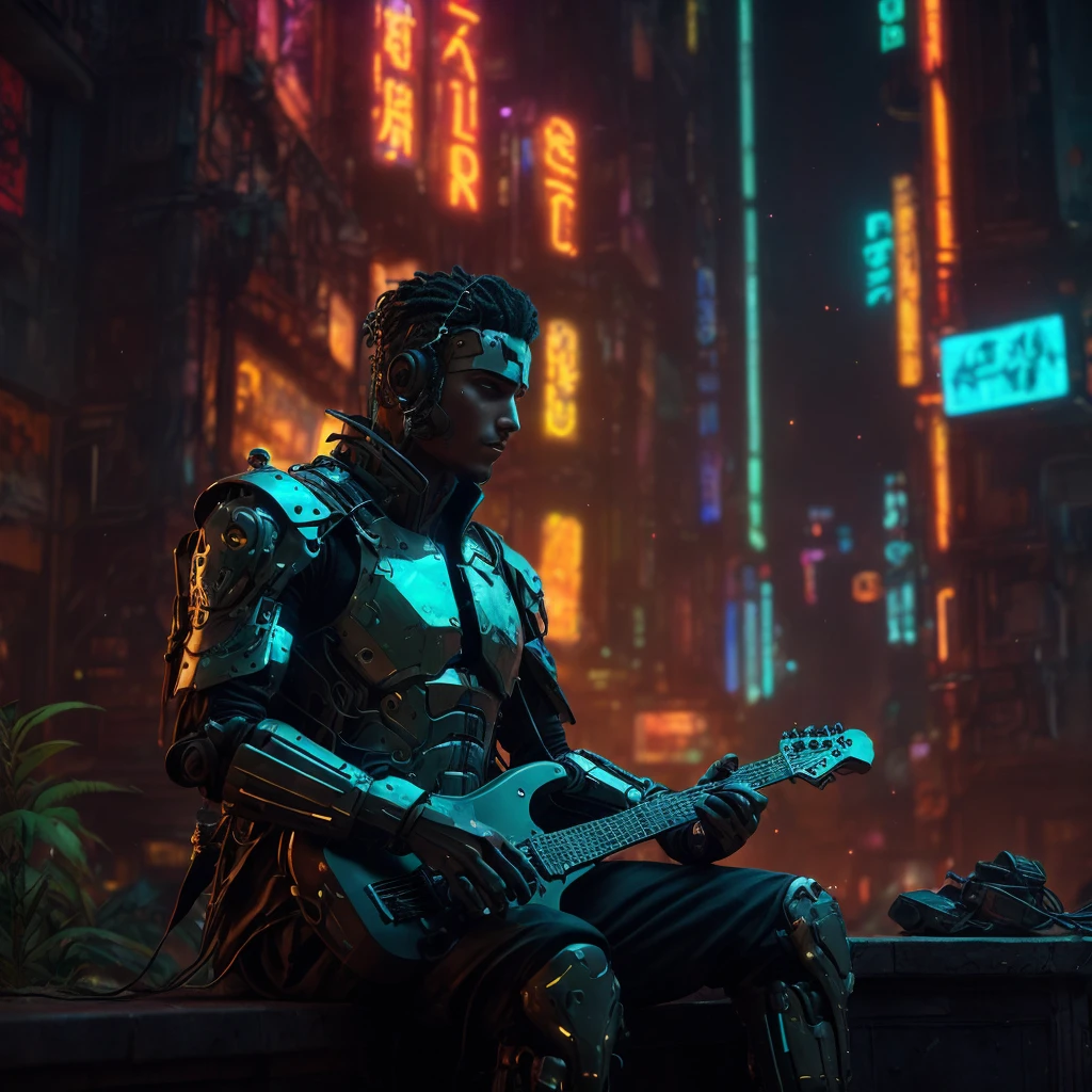 A troubadour with robotic features, whose body is seamlessly merging with nature in a blend of a lost city, set in a cyberpunk-style environment. The troubadour has intricate robotic details, with metallic textures and glowing circuits, while his body integrates with overgrown vegetation and ancient, decaying city structures. The scene is highly detailed, with a mix of technology and organic elements, creating a mysterious atmosphere where the robotic troubadour becomes one with the lost, forgotten world around him, all within the neon-lit, dystopian aesthetic of a cyberpunk landscape.