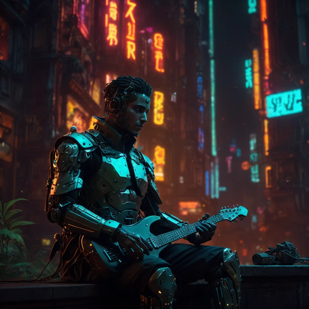 A troubadour with robotic features, whose body is seamlessly merging with nature in a blend of a lost city, set in a cyberpunk-style environment. The troubadour has intricate robotic details, with metallic textures and glowing circuits, while his body integrates with overgrown vegetation and ancient, decaying city structures. The scene is highly detailed, with a mix of technology and organic elements, creating a mysterious atmosphere where the robotic troubadour becomes one with the lost, forgotten world around him, all within the neon-lit, dystopian aesthetic of a cyberpunk landscape.