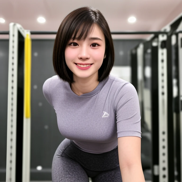 (kawaii 24 year-old Japanese girl, Nogizaka idol, Korean idol), healthy female athlete body, (glossy black hair, short hair, pixie cut, bangs:1.3), (rounded face, pure black eyes, single eyelid, no makeup, laughing:1.2), (wearing training shirt, grey sports leggings:1.3), extra small breasts, well shaped hip, (slim waist, thigh gap:0.9), BREAK, (sports gym background:1.3), (looking at viewer, dynamic angle, close shot:1.2), BREAK, (masterpiece, best quality, photo realistic, official art:1.4), (UHD, 8K quality wallpaper, high resolution, raw photo, golden ratio:1.3), (shiny skin), professional lighting, physically based rendering, award winning, (highly detailed skin, extremely detailed face and eyes, anatomically correct body), Carl Zeiss 85 mm F/1.4, depth of field, 1girl, solo,