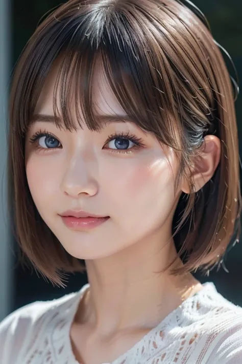 高品質in超リアルなポートレート。彼女は小さく繊細な顔立ちin、i have a slightly round face shape。her expressive almond eyes gaze kindly and warmly..、私は眉毛が強いin...