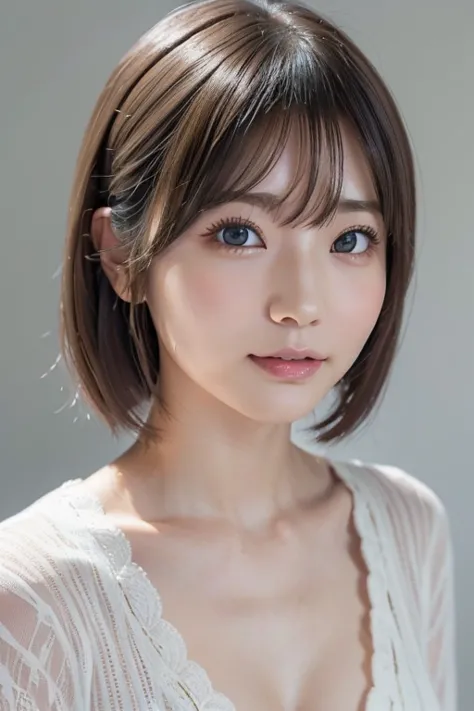 高品質in超リアルなポートレート。彼女は小さく繊細な顔立ちin、i have a slightly round face shape。her expressive almond eyes gaze kindly and warmly..、私は眉毛が強いin...