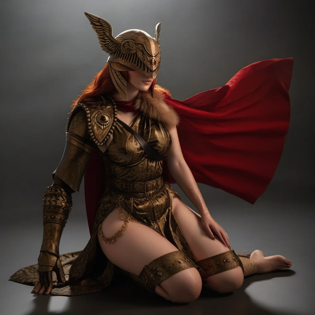 a woman with red hair, winged helmet, sword, red cape, thick thighs, sitting with legs up,