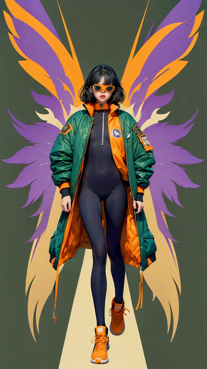 full body image, (ultra detailed,ultra high resolution,detailed background),((2d)),((flat color)),((dull color)), 1solo leaving the fog:1.5, looking at the viewer, baggy flight suit, oversized bomber jacket with sheepskin collar, (yellow, violet, cian, green, orange:1.3), plush collar, full body image, use VR glasses, ((Baron&#39;s Desert Intricut Fund)), ((apocalyptic city)), full body in frame, ((drone next to her))