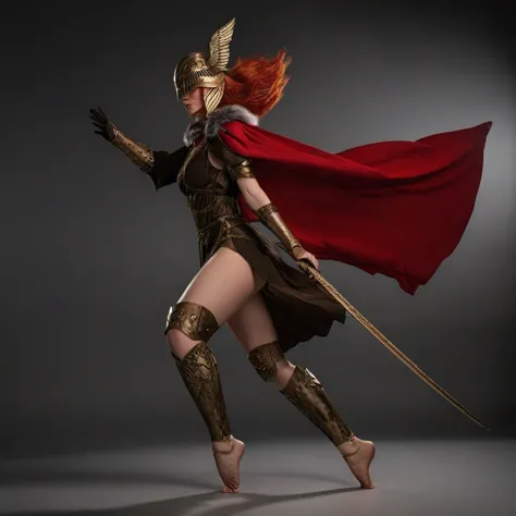 a woman with red hair, winged helmet, sword, red cape, thick thighs, kicking, leg up in air, pose,