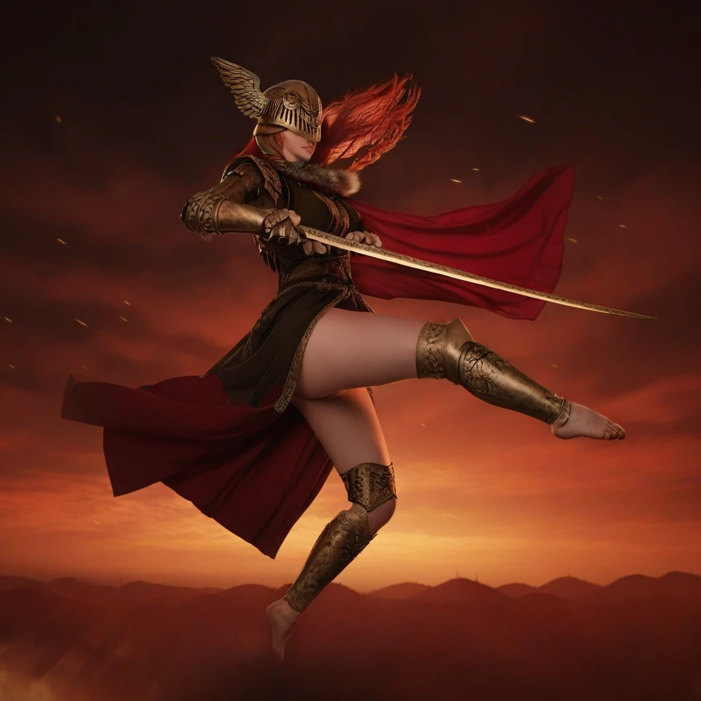 a woman with red hair, winged helmet, sword, red cape, thick thighs, kicking, leg up in air, pose,