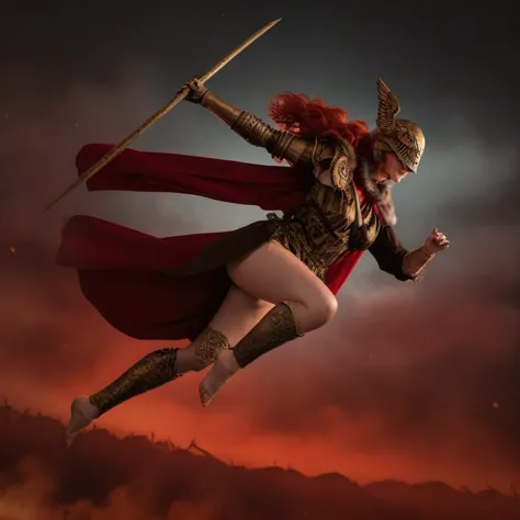 a woman with red hair, winged helmet, sword, red cape, thick thighs, kicking, leg up in air, pose,