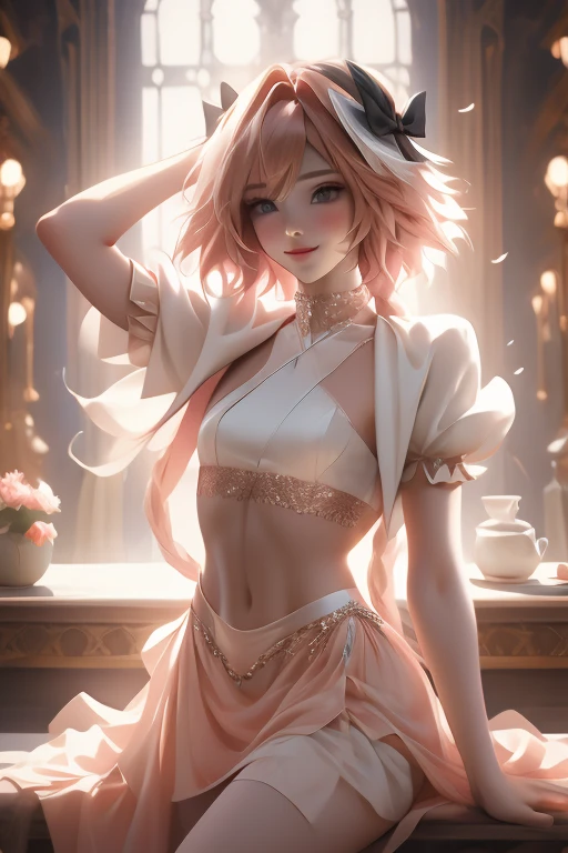 ((masterpiece)), ((best quality)), (detailed), astolfo, Beautiful, Beautifu and slim perfect body, slim body, really female, slim female body, female, very innocent smile, innocent smile, femboy, boy, bright pink hair, spiky hair, short hair, a long braid, lock of white hair on left side, perfect, solo, gorgeous femenine person, mini top, crop top, wedding dress, mini dress, micro skirt, mini skirt, bridal veil on the head, small bulge, luscious lips, long hair, sexy,