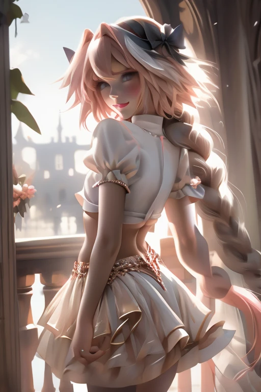 ((masterpiece)), ((best quality)), (detailed), astolfo, Beautiful, Beautifu and slim perfect body, slim body, really female, slim female body, female, very innocent smile, innocent smile, femboy, boy, bright pink hair, spiky hair, short hair, a long braid, lock of white hair on left side, perfect, solo, gorgeous femenine person, mini top, crop top, wedding dress, mini dress, micro skirt, mini skirt, bridal veil on the head, small bulge, luscious lips, long hair, sexy,