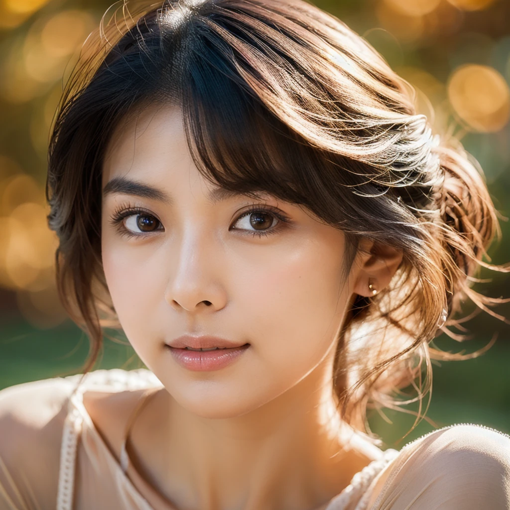 An ethereal and breathtakingly beautiful Japanese model and actress in her early 20s, depicted in an ultra-high-definition 4K close-up that reveals every intricate detail of her facial features. Her skin is hyper-realistic, showcasing a flawless complexion with a warm beige undertone that exudes a soft, natural glow. The skin texture is meticulously detailed, with visible yet refined pores, a subtle dewiness that captures the light perfectly, and a natural elasticity that conveys a soft, supple feel. Each tiny detail, from the barely-there peach fuzz along her jawline to the gentle flush of her cheeks, is rendered with astonishing precision. Her large, almond-shaped eyes are a deep, entrancing brown, with irises displaying complex color variations and reflections that give them a striking depth. The eyes are framed by perfectly arched brows and naturally curled, thick lashes that create delicate shadows on her upper cheeks. Her lips are naturally full and slightly parted, with a soft, velvety texture and a delicate sheen, capturing the light in a way that emphasizes their plumpness and smoothness. Her straight, glossy black hair frames her face, each strand individually defined, reflecting a soft, natural sheen that adds to the overall realism. The lighting is expertly calibrated, using a combination of diffused natural light and soft fill light to enhance the contours of her face, creating subtle, realistic shadows and highlights that bring out the texture of her skin and the depth of her features. Her expression is serene and confident, with a slight, enigmatic smile that adds an aura of sophistication and allure. The overall composition is designed to evoke a sense of ethereal beauty, with every element, from the finest details of her skin to the gentle fall of her hair, crafted to surpass human perception in realism.