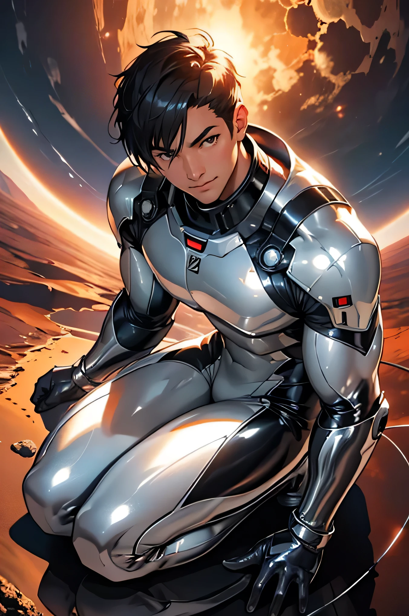 Handsome Japanese male models　　　smile　　　Black Hair　　Short cut　Short hair　　　looking at the camera　　　　　Shiny full-body silver suit　　　Shiny silver latex suit　　looking at the camera　future world　red planet　Face close-up　Planet in the sunset