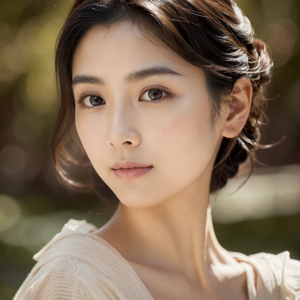 An ethereal and breathtakingly beautiful Japanese model and actress in her early 20s, depicted in an ultra-high-definition 4K close-up that reveals every intricate detail of her facial features. Her skin is hyper-realistic, showcasing a flawless complexion with a warm beige undertone that exudes a soft, natural glow. The skin texture is meticulously detailed, with visible yet refined pores, a subtle dewiness that captures the light perfectly, and a natural elasticity that conveys a soft, supple feel. Each tiny detail, from the barely-there peach fuzz along her jawline to the gentle flush of her cheeks, is rendered with astonishing precision. Her large, almond-shaped eyes are a deep, entrancing brown, with irises displaying complex color variations and reflections that give them a striking depth. The eyes are framed by perfectly arched brows and naturally curled, thick lashes that create delicate shadows on her upper cheeks. Her lips are naturally full and slightly parted, with a soft, velvety texture and a delicate sheen, capturing the light in a way that emphasizes their plumpness and smoothness. Her straight, glossy black hair frames her face, each strand individually defined, reflecting a soft, natural sheen that adds to the overall realism. The lighting is expertly calibrated, using a combination of diffused natural light and soft fill light to enhance the contours of her face, creating subtle, realistic shadows and highlights that bring out the texture of her skin and the depth of her features. Her expression is serene and confident, with a slight, enigmatic smile that adds an aura of sophistication and allure. The overall composition is designed to evoke a sense of ethereal beauty, with every element, from the finest details of her skin to the gentle fall of her hair, crafted to surpass human perception in realism.