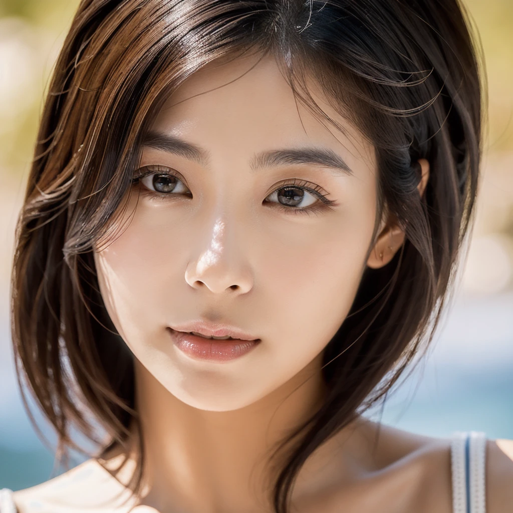 An ethereal and breathtakingly beautiful Japanese model and actress in her early 20s, depicted in an ultra-high-definition 4K close-up that reveals every intricate detail of her facial features. Her skin is hyper-realistic, showcasing a flawless complexion with a natural, warm beige undertone that exudes a soft, healthy glow. The skin tone is slightly warm, with a subtle hint of a sun-kissed hue, avoiding excessive paleness while maintaining a smooth and supple appearance. The texture of her skin is meticulously detailed, with visible yet refined pores, a gentle dewiness that captures the light perfectly, and a natural elasticity that conveys a soft, supple feel. Each tiny detail, from the barely-there peach fuzz along her jawline to the gentle flush of her cheeks, is rendered with astonishing precision. Her large, almond-shaped eyes are a deep, entrancing brown, with irises displaying complex color variations and reflections that give them a striking depth. The eyes are framed by perfectly arched brows and naturally curled, thick lashes that create delicate shadows on her upper cheeks. Her lips are naturally full and slightly parted, with a soft, velvety texture and a delicate sheen, capturing the light in a way that emphasizes their plumpness and smoothness. Her straight, glossy black hair frames her face, each strand individually defined, reflecting a soft, natural sheen that adds to the overall realism. The lighting is expertly calibrated, using a combination of diffused natural light and soft fill light to enhance the contours of her face, creating subtle, realistic shadows and highlights that bring out the texture of her skin and the depth of her features. Her expression is serene and confident, with a slight, enigmatic smile that adds an aura of sophistication and allure. The overall composition is designed to evoke a sense of ethereal beauty, with every element, from the finest details of her skin to the gentle fall of her hair, crafted to surpass human perc