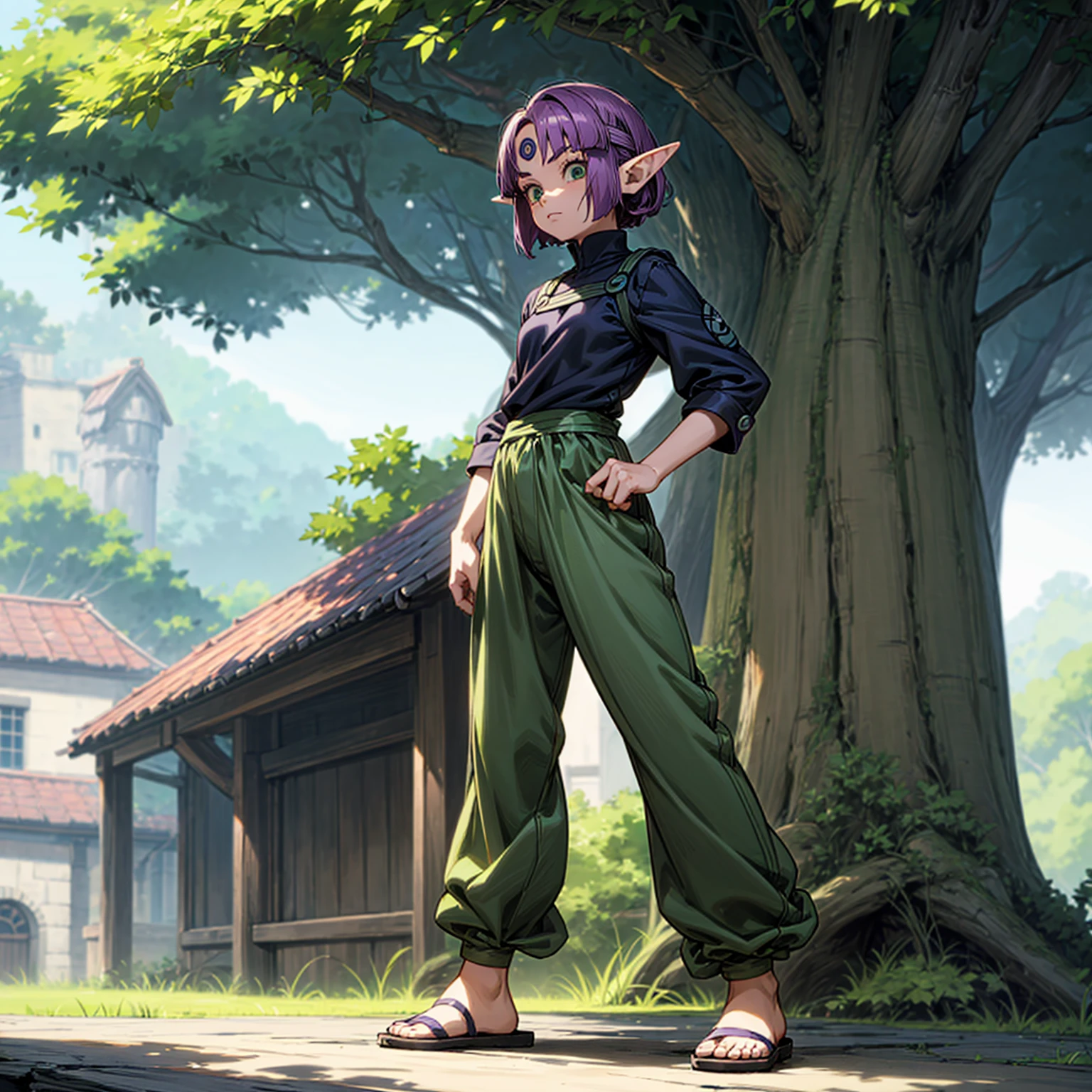 Solo character, full body version, kid girl, (elf), green eyes, purple color hair, Curly haircut, bob hair black shirt, long pants, sandals, outdoor, village, detailed background, detailed clothing, detailed hair, muscle, standing gesture, (one piece style art, Doraemon style art)