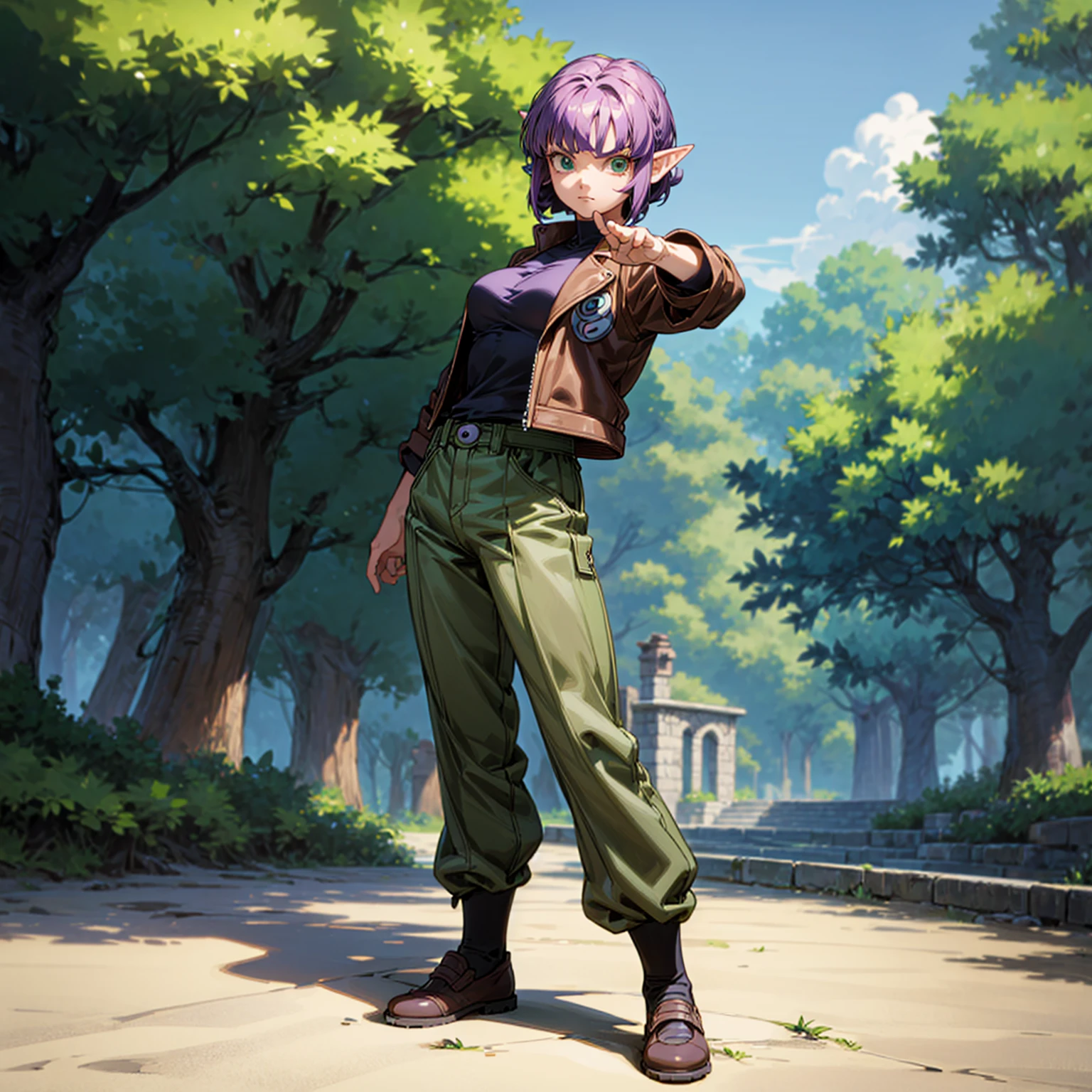 Solo character, full body version, young girl, big breast, (elf), green eyes, purple color hair, Curly haircut, bob hair, brown leather jacket, black shirt, long pants, shoes, outdoor, village, detailed background, detailed clothing, detailed hair, muscle, standing gesture, (Doraemon style art, one piece style art)