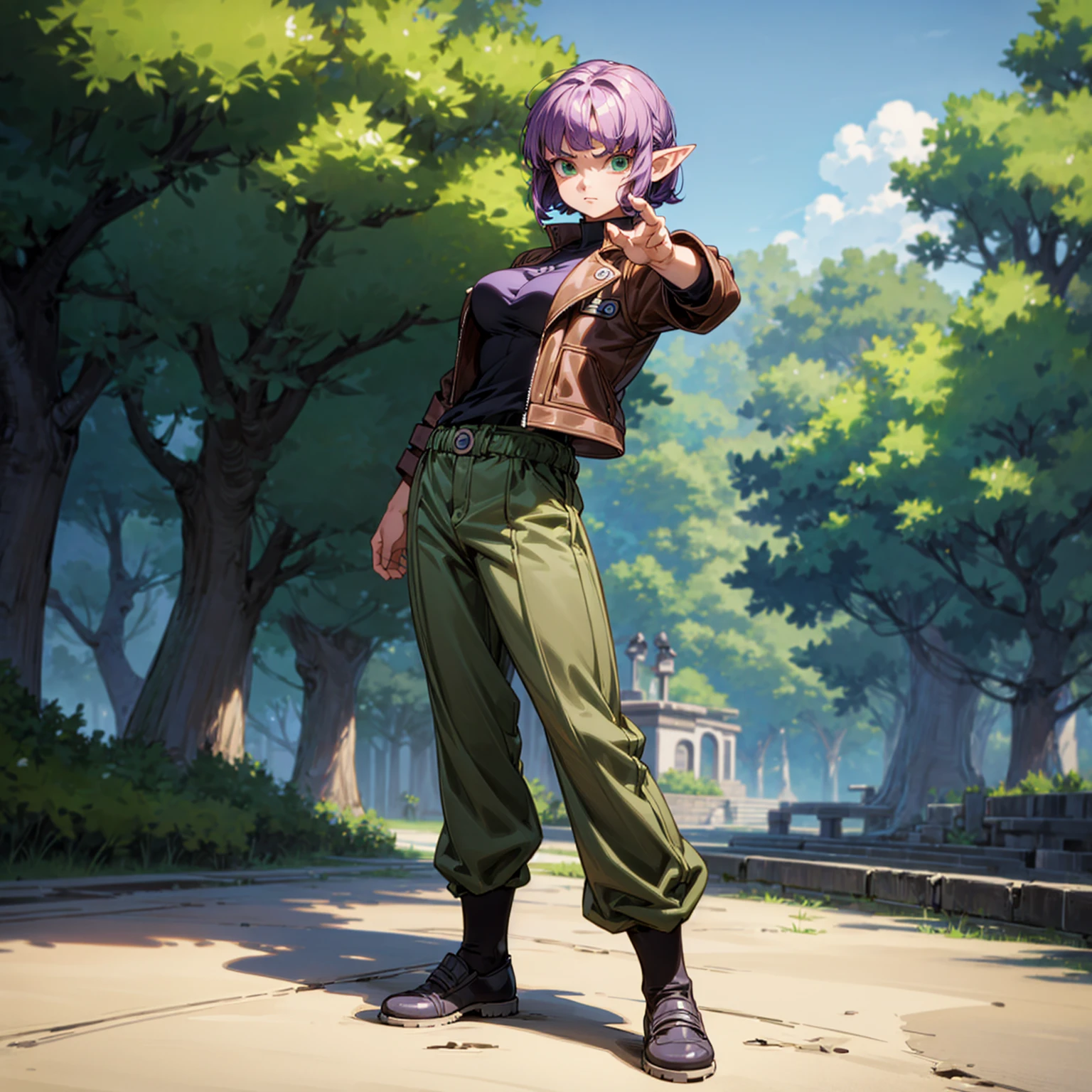 Solo character, full body version, young girl, big breast, (elf), green eyes, purple color hair, Curly haircut, bob hair, brown leather jacket, black shirt, long pants, shoes, outdoor, village, detailed background, detailed clothing, detailed hair, muscle, standing gesture, (Doraemon style art, one piece style art)