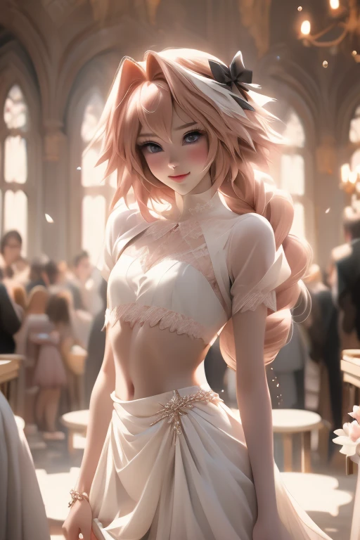 ((masterpiece)), ((best quality)), (detailed), astolfo, Beautiful, Beautifu and slim perfect body, slim body, really female, slim female body, female, very innocent smile, innocent smile, femboy, boy, bright pink hair, spiky hair, short hair, a long braid, lock of white hair on left side, perfect, solo, gorgeous femenine person, mini top, crop top, wedding dress, mini dress, micro skirt, mini skirt, bridal veil on the head, small bulge, luscious lips, long hair, sexy,