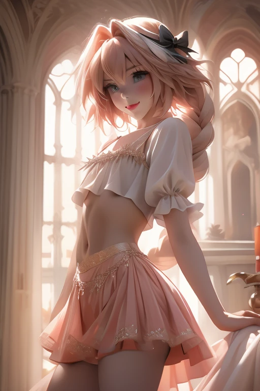 ((masterpiece)), ((best quality)), (detailed), astolfo, Beautiful, Beautifu and slim perfect body, slim body, really female, slim female body, female, very innocent smile, innocent smile, femboy, boy, bright pink hair, spiky hair, short hair, a long braid, lock of white hair on left side, perfect, solo, gorgeous femenine person, mini top, crop top, wedding dress, mini dress, micro skirt, mini skirt, bridal veil on the head, small bulge, luscious lips, long hair, sexy,