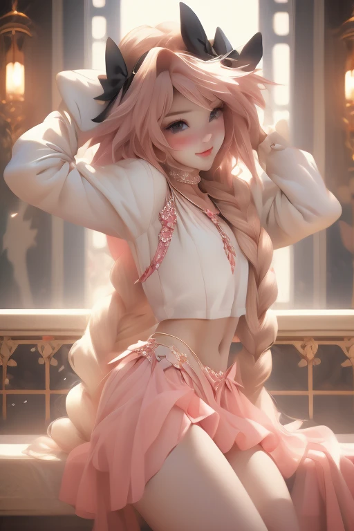 ((masterpiece)), ((best quality)), (detailed), astolfo, Beautiful, Beautifu and slim perfect body, slim body, really female, slim female body, female, very innocent smile, innocent smile, femboy, boy, bright pink hair, spiky hair, short hair, a long braid, lock of white hair on left side, perfect, solo, gorgeous femenine person, mini top, crop top, wedding dress, mini dress, micro skirt, mini skirt, bridal veil on the head, small bulge, luscious lips, long hair, sexy,