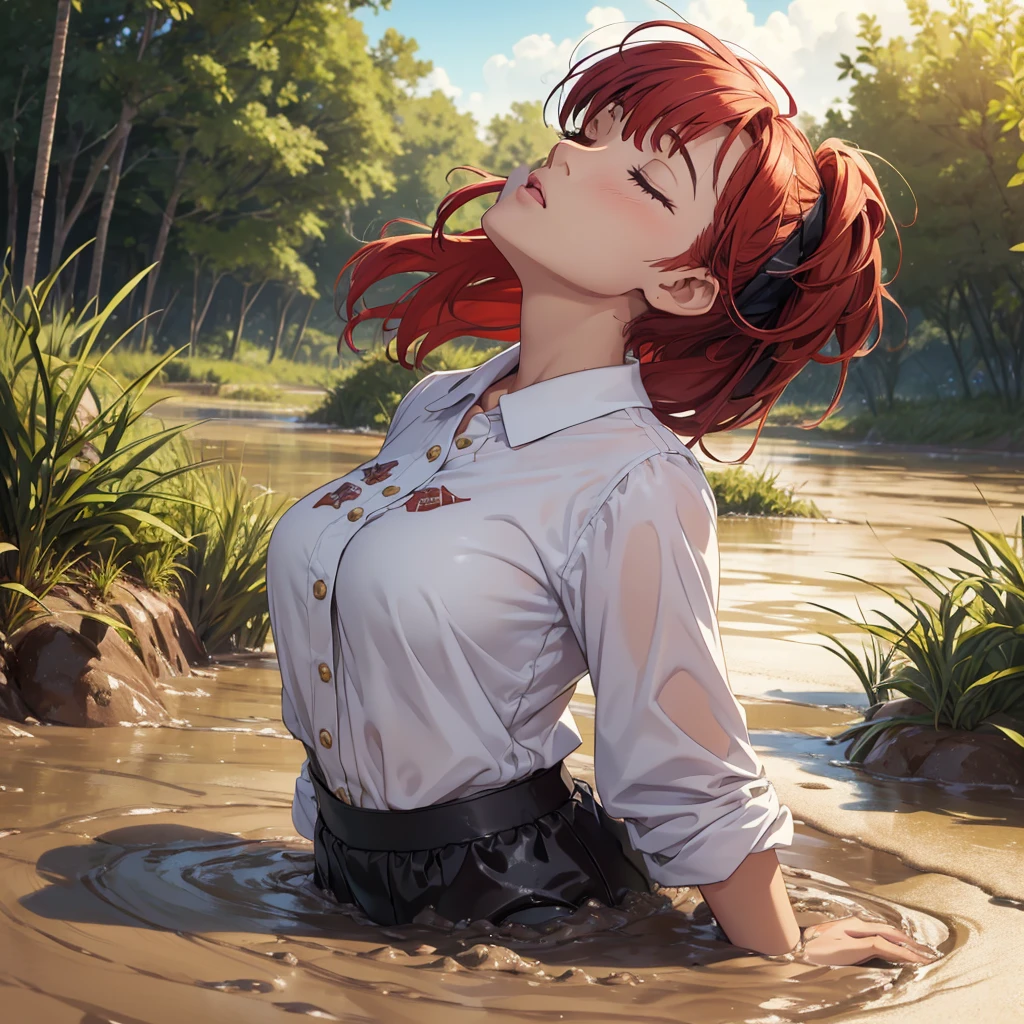 1girl, solo:1.5, masterpiece, best quality, high res, highly detailed, (illustration), beautiful detailed eyes, yuigahama yui, red hair ponytail, glossy lips, light makeup, orgasm, (looking up to the sky:1.5), (mouth open:1.2), intimate moment, white tee shirt, (quicksand:1.4), (submerged up to her torso), (from side:1.4), bog, swamp, grass, trees, (eyes closed:1.3),