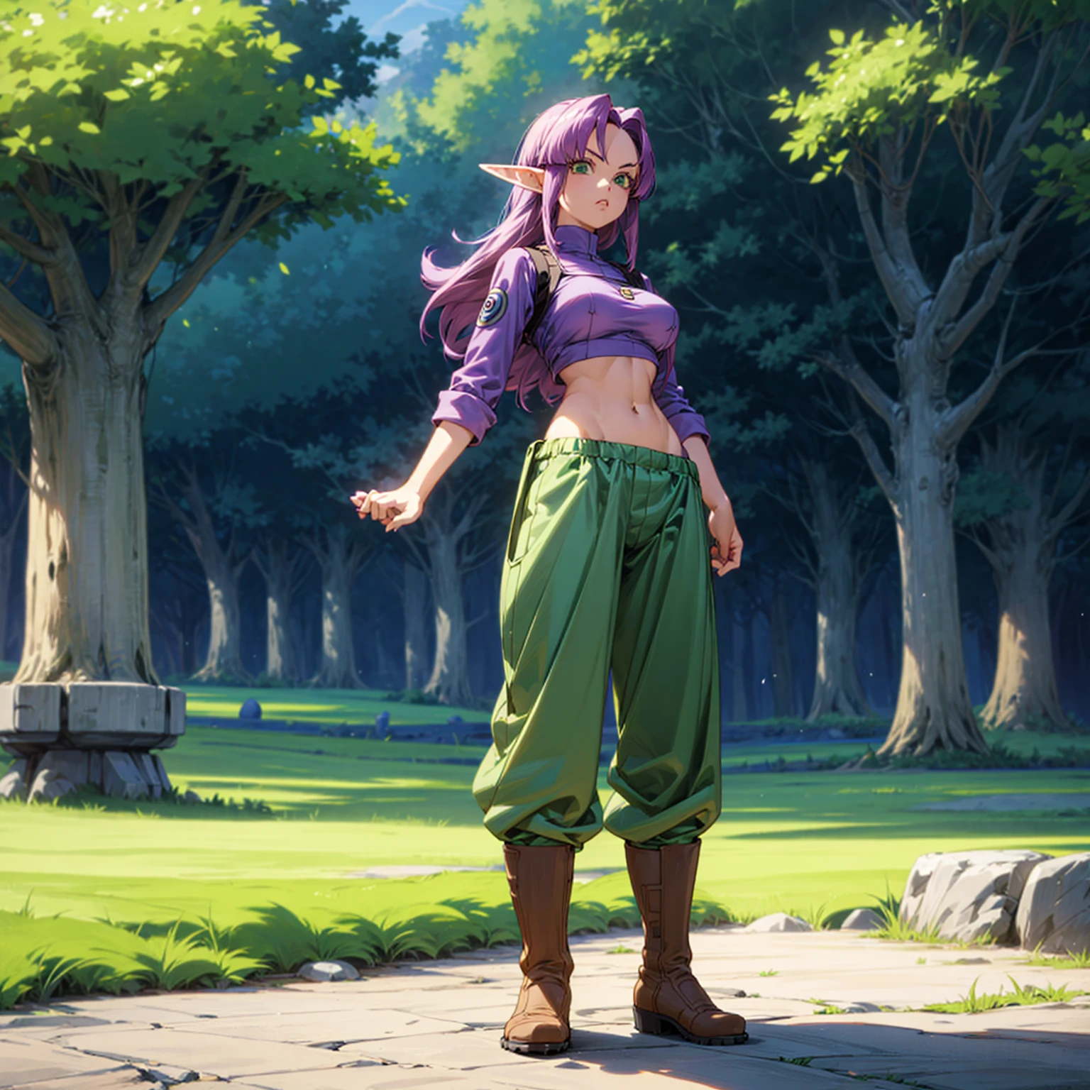 Solo character, full body version, girl, very big breast, (elf), green eyes, purple color hair, long bob hair, crop top shirt, blue long pants, boots, outdoor, village, detailed background, detailed clothing, detailed hair, muscle, standing gesture, (Doraemon style art, one piece style art)