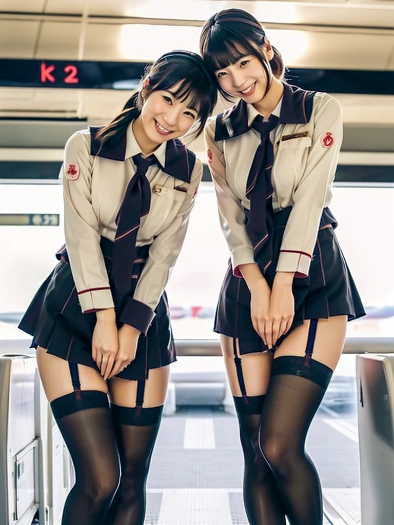 (A close-up photo of two Japanese stewardesses), cabincrew, 20-years-old, (Standing closely), in the airport, (In the morning), (Both smiling), (Both looking at the camera), best quality, masterpiece, ((stockings)), (Wearing dark jal uniform), (((Double eyelids))), (Bangs down), ((Both exposing panties)), (garter and stockings), ((Big beady eyes))