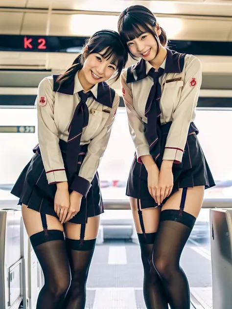 (a close-up photo of two japanese stewardesses), cabincrew, 20-years-old, (standing closely), in the airport, (in the morning), ...