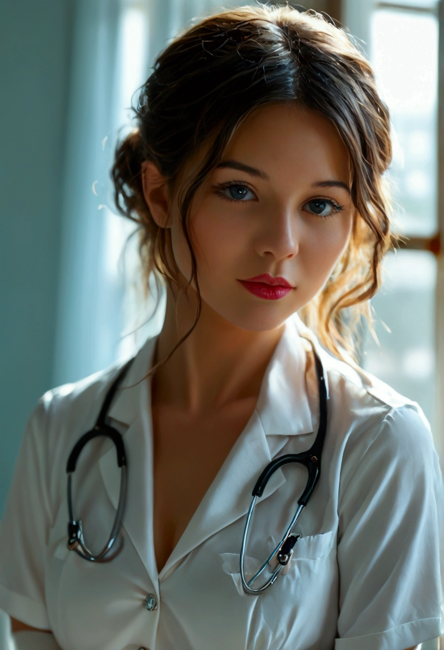 Nurses and doctors. Super realistic with sensual white bra.. Sexual  18 years old. whole body. masterpiece. bulky . White hospital gowns white lingerie