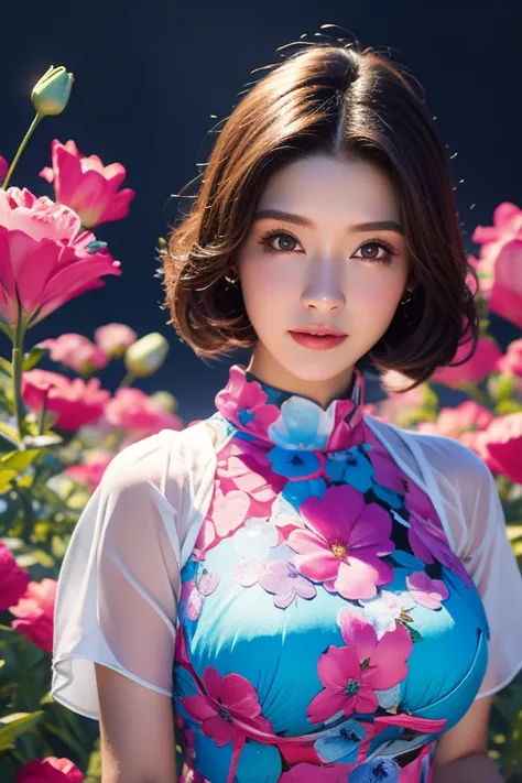 portrait of a charming girl, dress with short sleeves, big bust,dyed hair,the beauty stands on the flowers,the details of the fa...